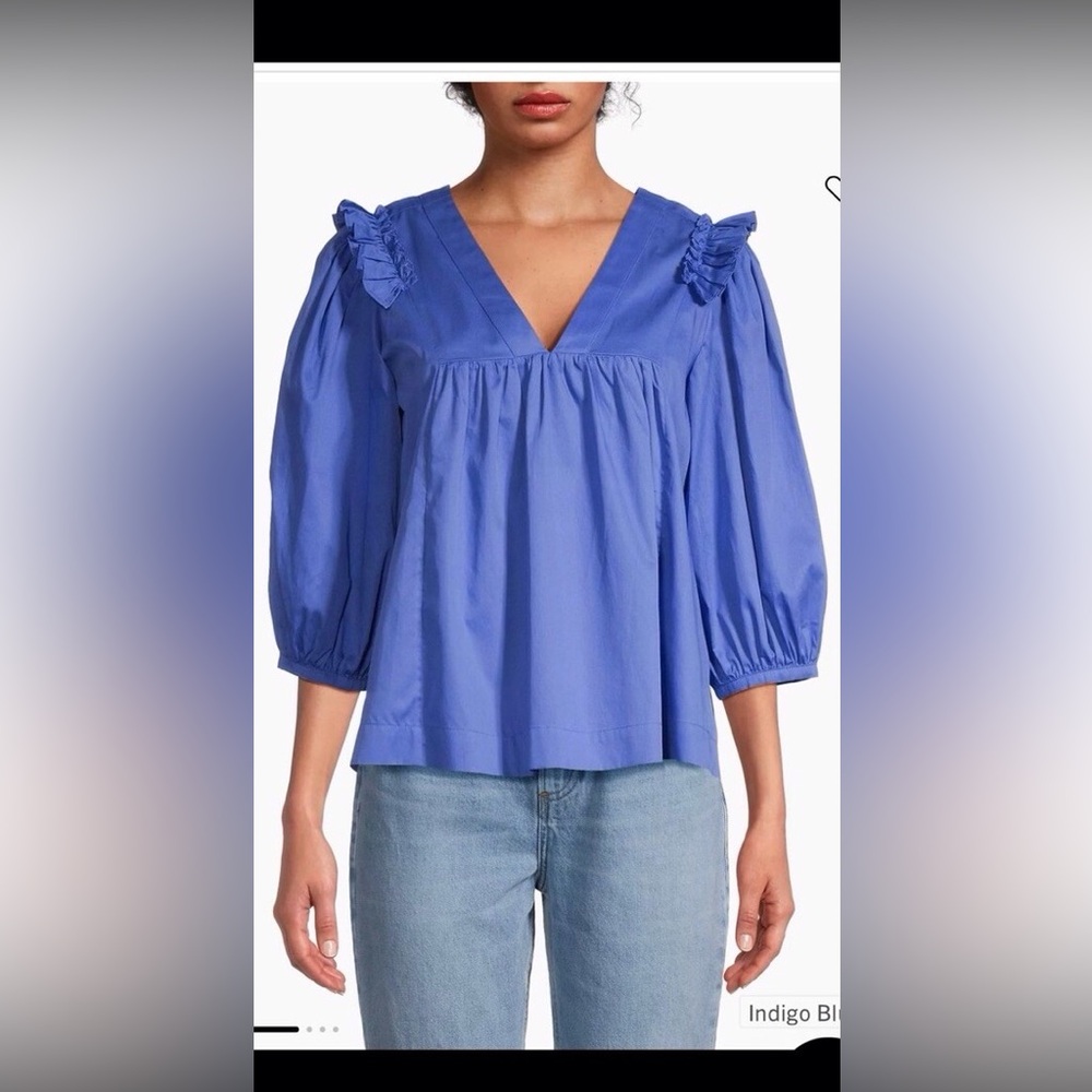 HARSHMAN/BLUE.COTTON.RUFFLE.SLEEVE..BLOUSE